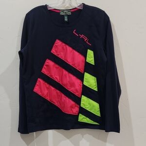 Ralph Lauren Kids Long Sleeve Shirt - Navy with Pink and Green Stripes